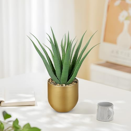 Briful Succulents Artificial Plants Realistic Agave Plant, 4.7'' Gold Metal Pot, Farmhouse Aloe Vera Fake Plants for Home Office Desk Bathroom Shelf Decorations - color: Green Agave Gold Vase