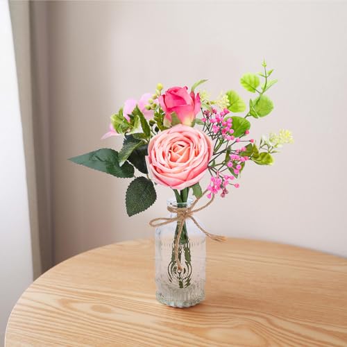 AFRITEE Flowers Bouquet in Small Vase - Pink Rose Artificial Fake Centerpiece Potted Flowers with Transparent Vase Set for House Dining Room Farmhouse Coffee Wedding Table - color: Pink Bouquet+relief Vase