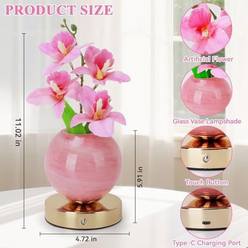 Flower Table Lamp, 3 Colors Orchid Night Light, Cordless Touch Dimming Artificial Flower with Vase Lamp, LED Bedside Night Light Romantic Gifts for Girl Women Mom (Pink Orchid) - color: Pink Orchid