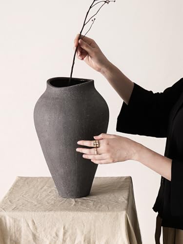 Ceramic Vase - Large 13.6 Inch Tall Floor Vase for Centerpieces, Farmhouse Flower Vases, Rustic Minimalist Home Decor for Living Room, Enterway, Wedding (Sandstone Dark Gray) - color: 13.6 Inch-sandstone Dark Gray