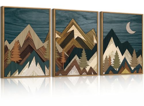 BINCUE Boho Mountain Wall Art Framed Landscape Wall Decor Modern Nature Artwork Mountains Wall Pictures Moon Art Landscape Paintings Rustic Prints for Farmhouse Bedroom Living Room Office 12x16 Inch 3 Piece - color: Framed Mountain, size: 24"L x 16"W