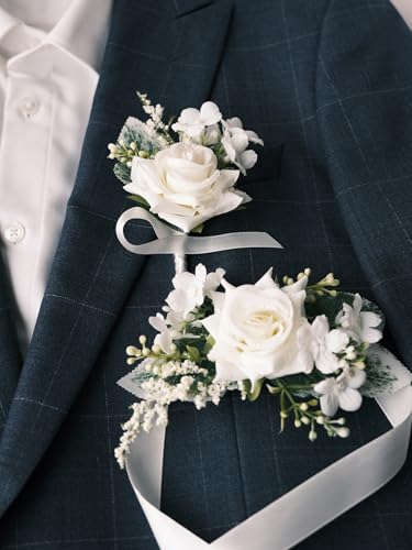 White Rose Wrist Corsage and Boutonniere Set with Ribbon Ties Wedding Prom Formal Accessories (White) - color: White