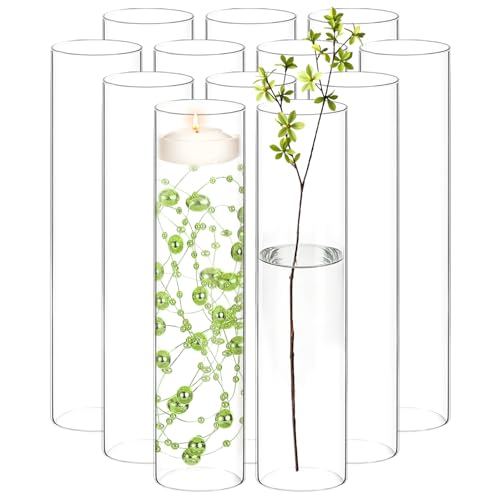 12 Pack Glass Cylinder Vases for Flower 16 Inch Tall Clear Centerpieces Bulk Vase Hurricane Floating Candle Holder for Table Home Decoration Wedding Holiday Floral Shelf Party Dining Decor - size: 16 Inch