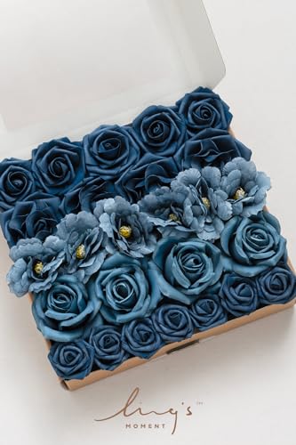 Ling's moment Artificial Flowers Fake Silk Poppy Faux Foam Roses Combo for DIY Wedding Bouquets Centerpieces Arrangements Bridal Shower Party Home Decorations, Nautical Navy, 25pcs - color: Blu-nautical Navy