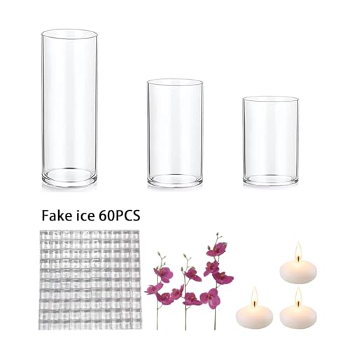 Floating Flower for Table Centerpiece Artificial Light Purple Orchid Glass Cylinder Vase Set with Floating Candles Fake Ice Cubes for Wedding Party Home Bar Restaurant Festival Decoration - color: Purple
