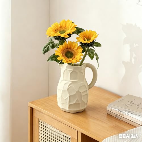 White Ceramic Pitcher Vase for Flowers - White Farmhouse Pitcher Vase with Handle,7 Inch Small Milk Jug Vases for Home Decor,Decorative Ceramic Vases for Bookshelf,Mantel,Living Room - color: Pitcher Vase