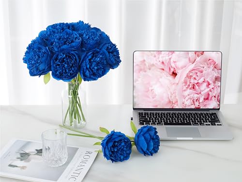 SITUMEIZI 10PCS Artificial Peony Flowers, Real Touch Fake Silk Bouquet with Stems for Home Mothers Day Wedding Party Centerpieces Table Decoration Indoor(Royal Blue) - color: Royal Blue
