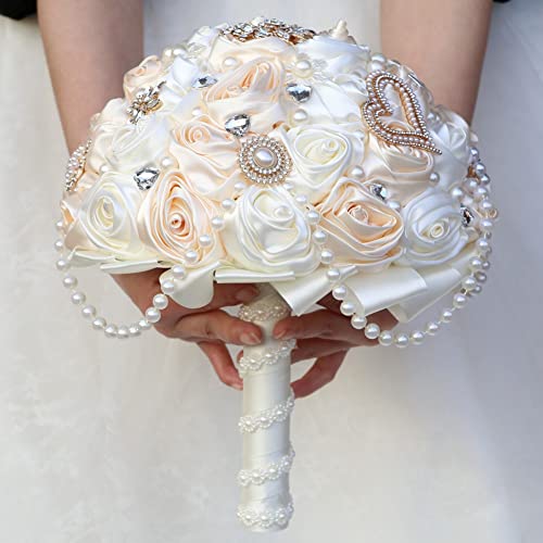 Ivory and Champagne Bridal Wedding Bouquet with Rhinestone Brooch Pearl String Cascade Bouquet for Bride Bridesmaid Quinceanera Satin Rose Flower Bouquet Wedding Champagne and Ivory 7.5in - color: Champagne & Ivory, size: Medium (DIA. 7.5"/19cm)