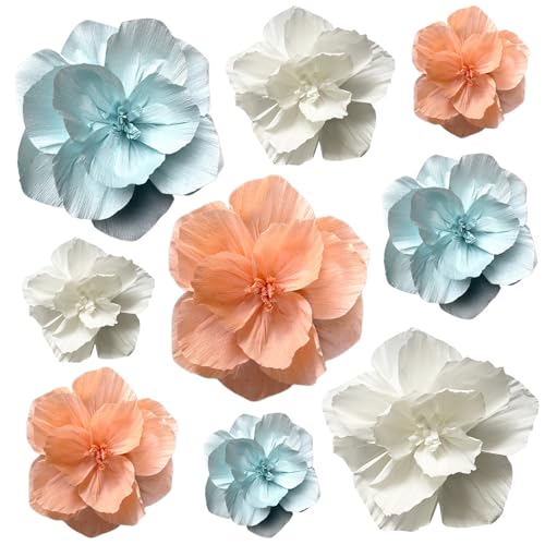 BRT Bearingshui Crepe Paper Flowers Decoration for Wall Total 9 Pcs, Artificial Flowers Backdrop for Wedding Decor Baby Bridal Shower Birthday Party, Mint Coral White 3D Wall Flowers Decor - color: Coral Mint White