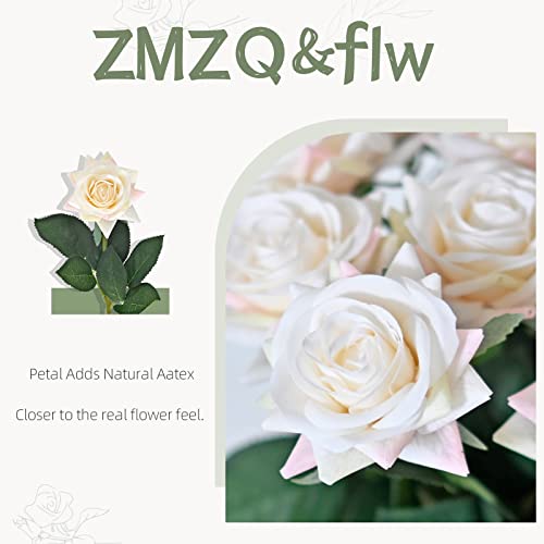 ZMZQ&flw Artificial Flowers Champagne Roses 12PCS, Real Touch Silk Flowers, Realistic Single Fake Flower with Individual Stems Leaves - color: Light Yellow 12pcs