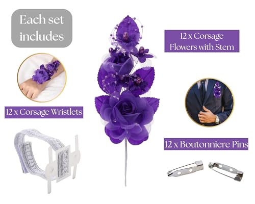 Set of 12 Artificial Silk Organza Craft Rose Flower, 12 Corsage Wristlet, 12 Pin Back DIY Boutonnieres for Wedding, Bridesmaids, Groomsmen, Quinceanera, Prom, Sweet 16 (Purple) - color: Purple