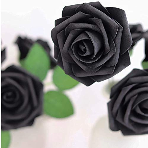 Higfra Artificial Flowers 25pcs Real Looking Black Foam Fake Roses with Stems for DIY Wedding Bouquets White Bridal Shower Centerpieces Arrangements Mothers Day Party Tables Decorations - color: Black, size: 25Pcs