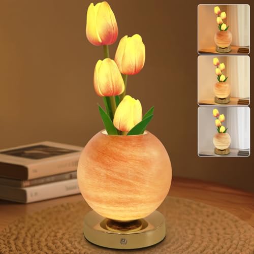 Tulip Table Lamp, Rechargeable Cordless Touch Dimming Artificial Tulip Flower Desk Lamp, LED Flower Bedside Night Light Romantic Gifts for Girl Women Mom (Orange) - color: Orange