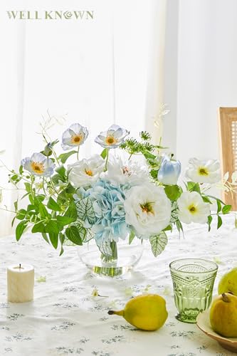 WELL KNOWN Artificial Silk Flowers Bouquet with Vase, Fake Flower Arrangements in Glass Vase with Faux Water for Spring Summer Seasonal Home Office Hotel Wedding Table Decor (Blue in Spring) - color: Blue in Spring
