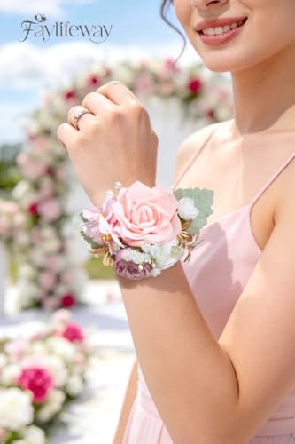 Rose Pink Corsage and Boutonniere Set for Wedding Prom(Set of 2),Artificial Flower Wrist Corsage Bracelets for Women Homecoming,Boutonniere for Men Suit Decorations Party Anniversary - color: Pink, size: 1 Corsage & 1 Boutonniere