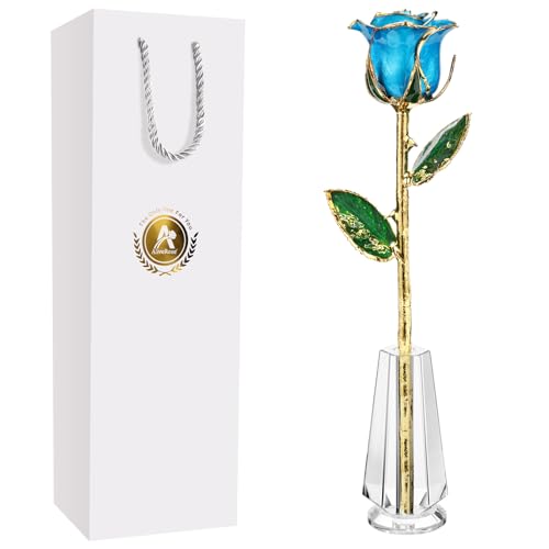 AliveRose for Her, 24K Gold Rose Made from Real Rose - Unique Design Gold Plated Rose for Anniversary Valentines Mothers Day Birthday Gifts (TealBlue Original Rose with Crystal Vase) - color: 5. Tealblue Original Rose With Crystal Vase