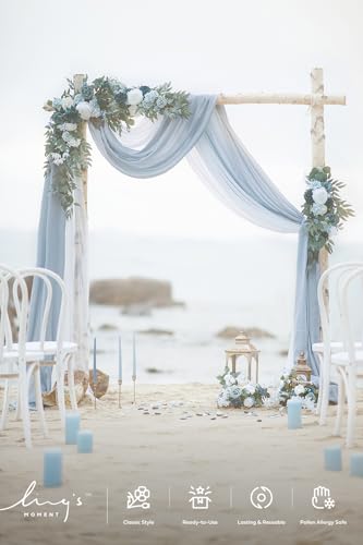 Ling's Moment Dusty Blue Artificial Wedding Arch Flowers Kit Pack of 4, 2pcs Hanging Flower Arrangement 2pcs Chiffon Drape Ceremony Spring Fake Silk Rose Arbor Backdrop Floral Swag Outdoor Beach Decor - color: Blu-dusty Blue & Navy