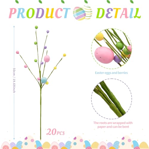nuvagiki Easter Table Decor, 20 Pack Easter Egg Berry Stems Decorations for Tree, Artificial Flowers Picks for Wreath, Tree Ornaments Decorations for Home, Easter Gifts