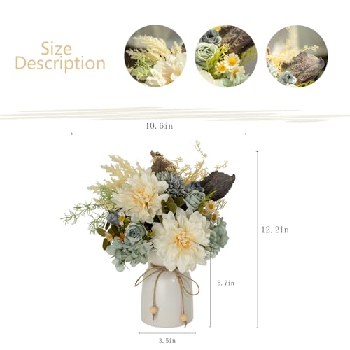 Fake Flowers with Vase Silk Dahlia Artificial Flowers in Vase Faux Hydrangea Flowers Arrangements with Vase for Home Office Decoration Dining Table Centerpiece (Blue) - color: Blue