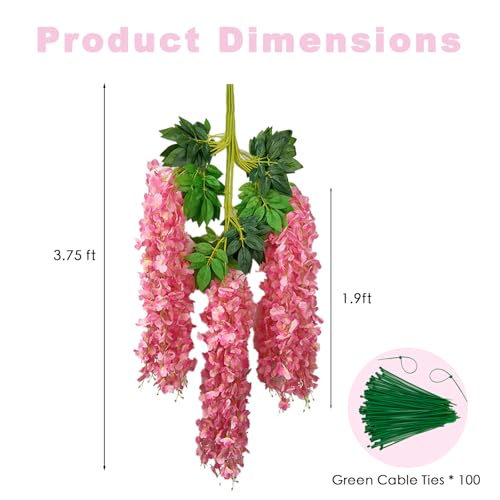BIRDDIE 24Pcs of Artificial Wisteria Hanging Flowers, 3.75 Feet Fake Wisteria Flower Strings for Backdrop, Wedding, Ceremony,Garden and Home Wall Decoration (Pink) - color: Pink, size: 24 pcs