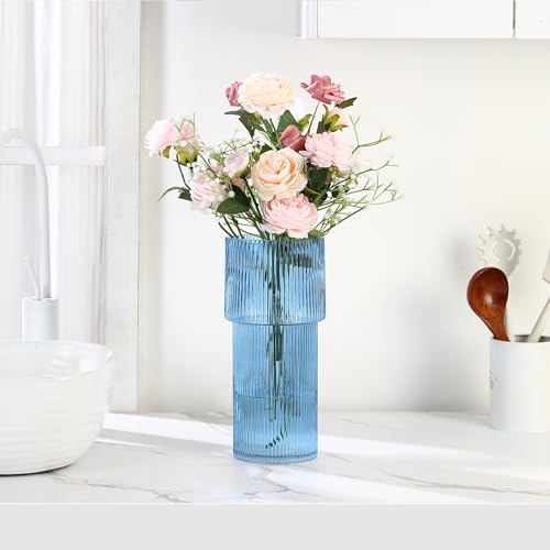 Large Glass Vase, 12 Inches Tall Vase for Flowers, Blue Flower Vases for Bouquet, Modern Blue Glass Vases for Living Room, Dining Table, Office, Entryway, Mantle, Shelf, Wedding Gifts - color: Blue, size: Ribbed 12 Inches