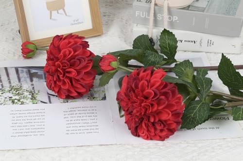 IPOPU 4pcs Artificial Dahlia Flowers Realistic Silk Dahlia Flowers 29" Long Stem Faux Flowers with Buds for Tall Vase DIY Bouquet Home Wedding Decor (Red) - color: Red