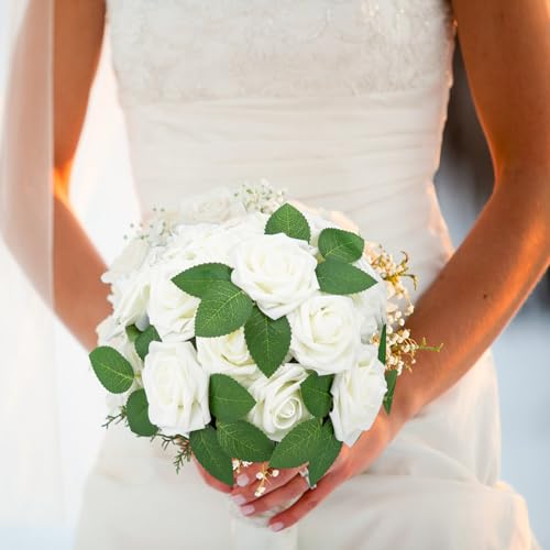 NONMON 100pcs Artificial Flowers White Roses for Decorations, Real Looking Fake Foam Roses Bulk with Stems Valentine's Day DIY Wedding Bouquets Bridal Shower Floral Arrangement Party Home Table Decor - color: Ivory