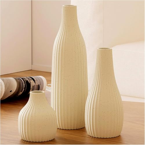 Decorative Flower Vase Set of 3 - Modern Boho Style Beige Vases, Ribbed Textures Ceramic Vase for Home Decor Shelf Bookshelf Mantle TV Stand Entryway Console, Dining Table Centerpiece Decor - color: Beige White