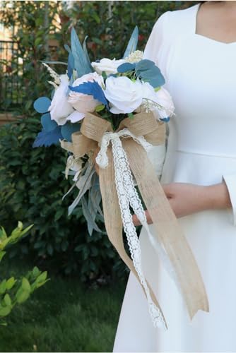 10.2 Inch Cascading Bridal Bouquet Waterfall Cascade Bridal Wedding Bouquet for Bride Rustic with Artificial Champagne Rose Flower and Peacock Blue Leaves - color: Champagne Rose & Peacock Blue Leaves