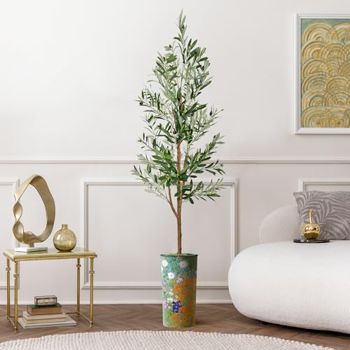 Artificial Tree in Colorful Flower Pattern Planter, Fake Olive Silk Tree for Indoor and Outdoor Home Decoration - 68" Overall Tall (Plant Pot Plus Tree) - style: Olive Tree