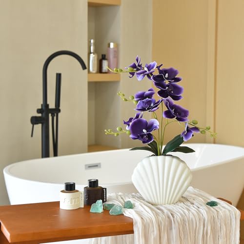 Artificial Phalaenopsis Orchid Plant in Seashell Pot, 16" Fake Orchid Flowers, Silk Faux Orchids for Home Decor, Office, Table Centerpiece, Real Touch Lifelike Indoor House Plant (Deep Purple) - color: Deep Purple