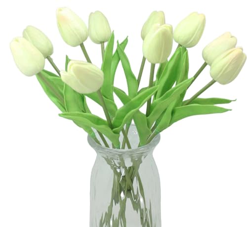 Artificial Flowers 10 Heads Mini Real Touch Artificial Tulip for Home Wedding Party Centerpiece Decoration (Light Champagne) - color: Light Champagne
