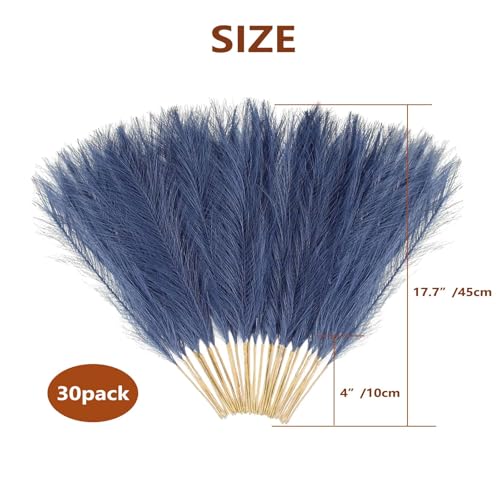 Blue Pampas Grass Decor, 30 Pcs 17" Navy Blue Artificial Faux Pampas Grass Stems, Fluffy Fake Bulrush Floor Vase Filler Flower Arrangement for Boho Home Wedding Office Decoration - color: Blue