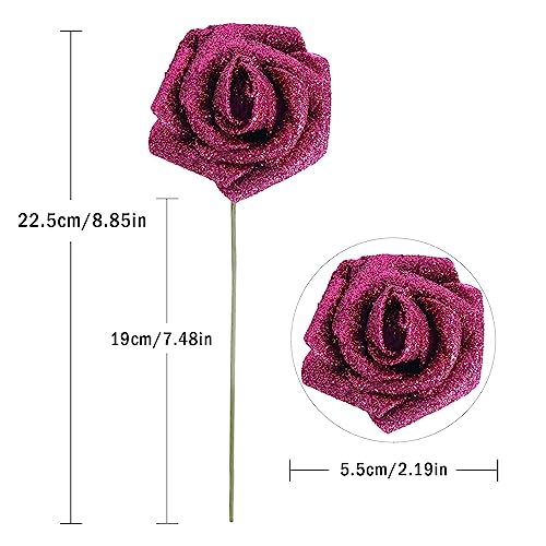 IPOPU Artificial Roses,25pcs Glitter Roses Glitter Flowers Foam Roses with Stems for DIY Wedding Bridal Bouquet Home Party Decoration(Deep Pink) - color: Deep Pink