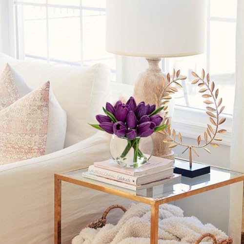 DILATATA Artificial Purple Tulips in Vase with Faux Water 6" Real Touch Flowers Fake Tulips Small Flowers Arrangement in Round Glass Vase for Mother's Day Table Centerpiece Wedding Home Decor - color: Round Vase/Purple/1 Set