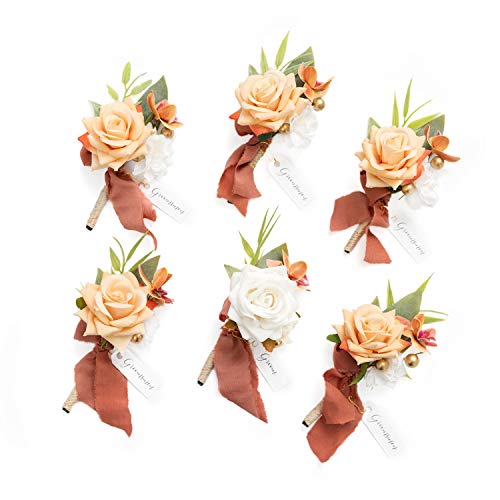Ling's moment Boutonniere for Men, 6pcs Groom Groomsmen Boutonniere, Artificial Flowers for Wedding Decor/Prom/Homecoming, etc.Terracotta White - color: Or-terracotta & White
