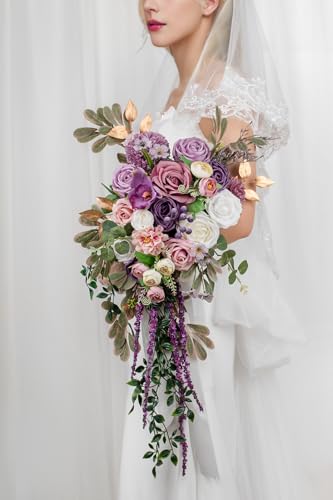 Lisuun Wedding Bouquets for Bride, 16 Inches Wedding Flower Bouquet, Silk Round Bridal Bouquet for Wedding, Ceremony, Anniversary - color: White&purple