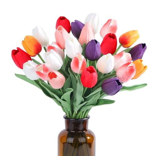SITUMEIZI Fake Flowers Tulips Artificial PU Flower 15pcs Real Touch 14" for Spring Easter Home Kitchen Wedding Bouquet Bulk Mother's Gift Day Decorations(Multicolor,6) - color: Red,purple,rose Red#,pink,white,sunset Red