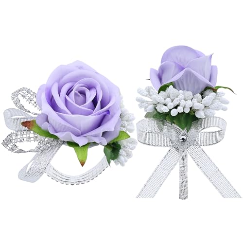 2Pcs Purple Rose Corsage and Men Boutonniere Set Women Wristlet Band Wrist Bracelets, for Prom Wedding Ceremony Flowers Decorations and Homecoming Party Accessories - color: Purple, size: 1 Boutonniere & 1 Wrist Corsage