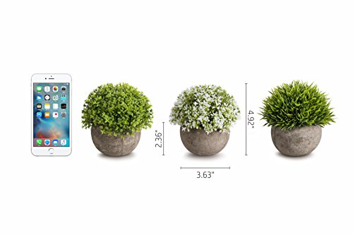 Opps Artificial Plastic Mini Plants Unique Fake Fresh Green Grass Flower in Gray Pot for Home Décor – Set of 3 - color: White & Green