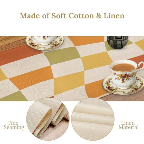 Retro Groovy Hippie Table Runner Vintage Twisted Geometric 1960s Sage Green Trendy Wavy Checkered Dinner Runner for Country Farmhouse Kitchen Birthday Party Holiday 36X13inch - color: Checkered-11, size: L36"x W13"