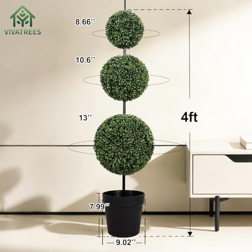 VIVATREES 4FT UV-Resistant Artificial Triple Ball Boxwood Topiary Set of 2, All-Weather Outdoor & Indoor Decor for Garden, Porch, Entryway - size: 4FT-2Pack