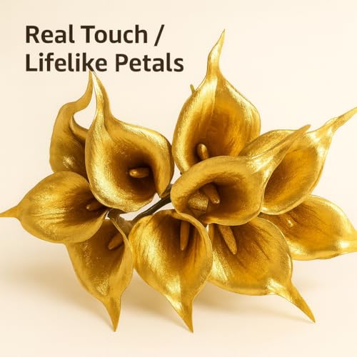Floral Kingdom 20 Pack 14" Calla Lily Artificial Flowers, Real Touch 18k Gold Colored Faux Flowers for Home Decor, Table Centerpieces, Living Room & Weddings - color: 18k Gold