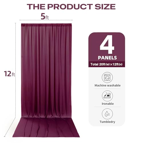 20ftx12ft Burgundy Backdrop Curtains for Parties, Wrinkle Free Polyester Burgundy Photo Backdrop Drapes 4 Panels 12 ft Long Back Drop Cloth for Wedding Birthday Photography Background Party - color: Burgundy, size: 5ft(W)x12ft(H)_4 Panels