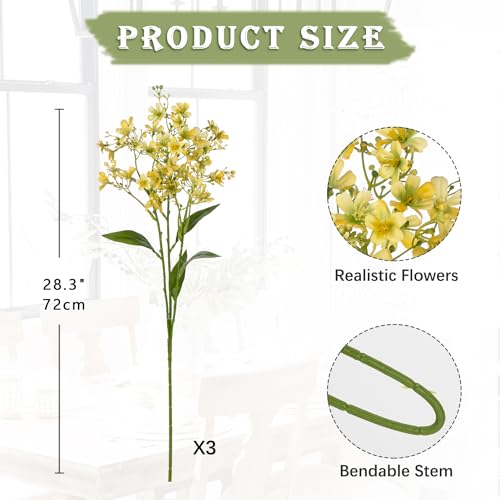 Hollyone Artificial Daphne Flowers with Long Stem 3Pcs Faux Light Yellow Flowers 28.3” Fake Autumn Fall Silk Flowers Piacks Bouquet for Floral Arrangement Wedding Party Centerpiece Table Home Decor - color: Yellow