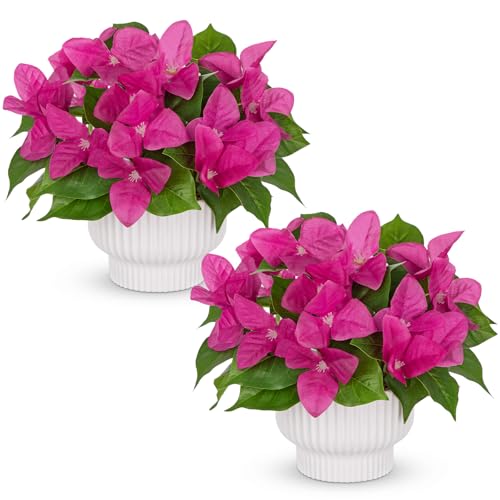 2 Pack Artificial Bougainvillea Plant with Pot, Fake Bougainvillea Flower Potted Plant for Indoor Home Living Room Office Wedding Party Tabletop Decoration, Pink - color: Pink