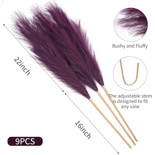 Wertuirk 9 Stems Purple Pampas Grass - 38 Inch Tall Faux Pompous Grass Decor, Big Artificial Pompas Floral for Vase Filler, Wedding, Party and Home Decor (Purple) - color: Purple