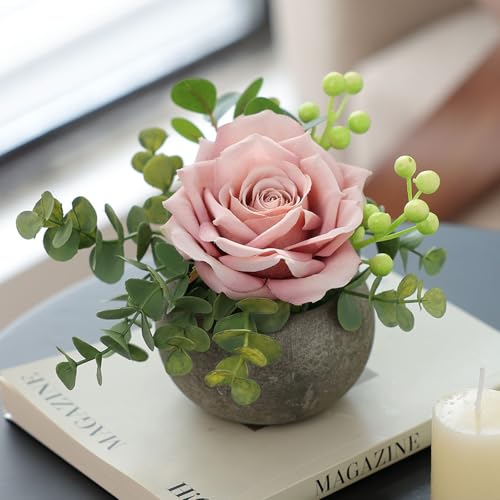 mizii DIY Small Artificial Flowers Potted Kit Fake Flower Realistic Silk Rose and Greenery with Vase for Gifts Table Centerpiece Mantle Office Desk Shelves Living Room Decorations (Light Pink) - color: Light Pink