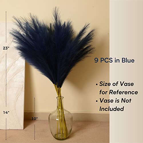 Blue Pampas Grass, 9 PCS 37''/3.1FT Tall Fluffy Fake Pompas Floral, Large Faux Pompous Grass Branches for Floor Vase Fillers, Boho Farmhouse Room Wedding Decor (Blue) - color: Blue