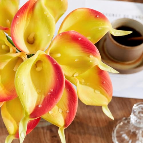 Artificial Calla Lily 12Pcs Orange Real Touch Faux Flowers for Wedding Bouquet, Bride Bridal Shower, Spring Home Kitchen Table Decor, Fake Lilies for Centerpieces, Party Decorations - color: Red Yellow